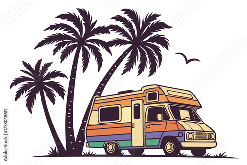 Rainbow camper van with palm trees on white background