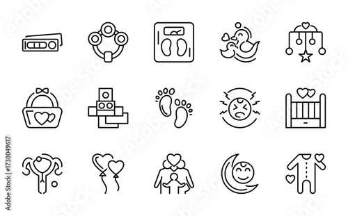 Childcare and pregnancy linear icon set. Baby, motherhood, cradle, family, parenting, fertility, medical support, vector thin line UI icon pack