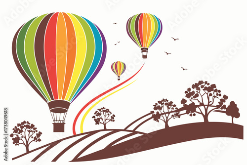Rainbow hot air balloons over rolling hills with trees
