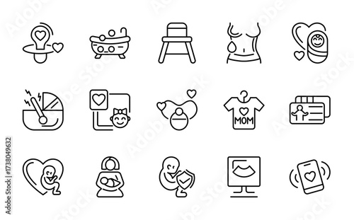 Newborn and motherhood linear icon set. Pregnancy, cradle, baby care, family, fertility, hormone therapy, medical examination, outline UI icon pack.
