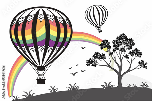 Rainbow colored hot air balloon over landscape with tree