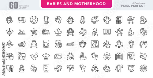 Babies and Motherhood Linear icon set. Care, child care, baby, pregnancy, family, fertility, hormone therapy, medical examination, cradle line icon pack. Editable stroke