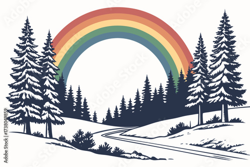 Rainbow over snowy pine forest vector art winter pine trees