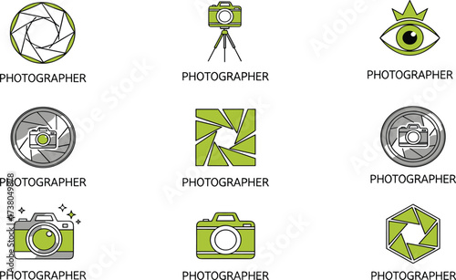 Collection of creative photographer logo icons, modern photography symbol set, professional camera design elements, minimalist shutter illustration, vector graphic design