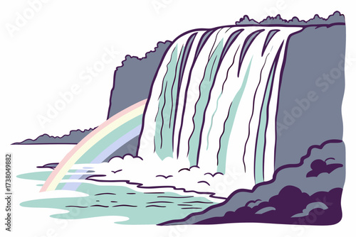 Rainbow waterfall with mist and birds nature