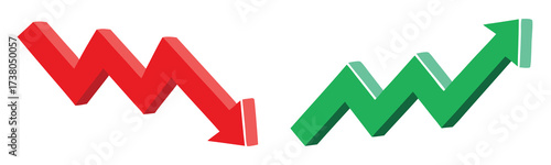 Green up and red down 3d arrow graph showing rising and descending trend, boosting of business result, decrease and growing investment profit symbol 