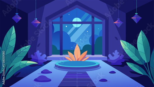 A peaceful meditation room with dimmed lighting and calming plants.