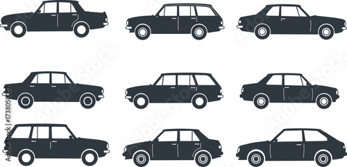 Vintage car silhouettes, retro automobile icons, classic vehicle shapes, old car collection, transportation clipart, black car set, isolated cars illustration
