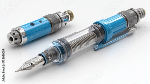 A photorealistic, high-detail 3D render of a medical injection pen (such as an insulin or auto-injector pen), shown in a disassembled or cutaway view to reveal the complex internal mechanism. The devi