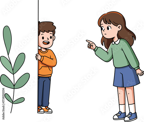 Cute cartoon illustration of a little boy hiding behind wall while smiling, as a young girl points finger playfully, vector design