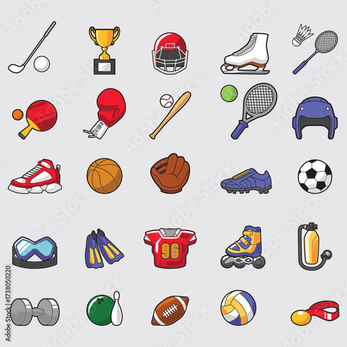 Comprehensive Sports Equipment Icons Set For Fitness, Team Sports, And Outdoor Recreation