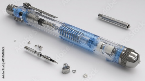A photorealistic, high-detail 3D render of a medical injection pen (such as an insulin or auto-injector pen), shown in a disassembled or cutaway view to reveal the complex internal mechanism. The devi