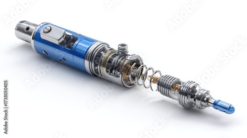 A photorealistic, high-detail 3D render of a medical injection pen (such as an insulin or auto-injector pen), shown in a disassembled or cutaway view to reveal the complex internal mechanism. The devi