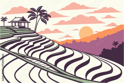 Rice Terraces at Sunset with Tropical Trees and Hut