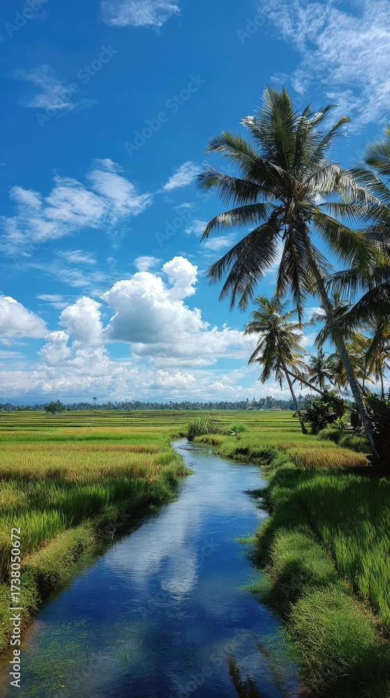 Obraz premium Lush rice fields with a stream, palm trees under a bright blue sky