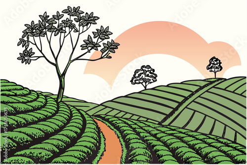 Rolling green tea fields at sunrise with stylized trees
