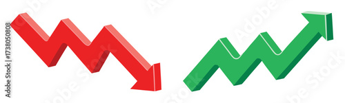 Green up and red down 3d arrow graph showing rising and descending trend, boosting of business result, decrease and growing investment profit symbol 