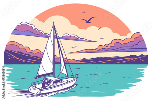 Sailboat on turquoise sea at colorful sunset ocean