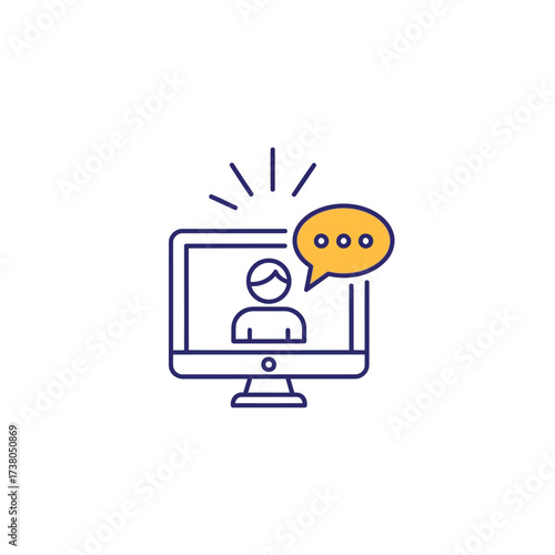 Vector art of online communication icon, featuring a computer screen with a person and speech bubble for virtual interaction