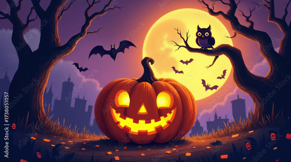 Fototapeta premium Spooky glowing jack o lantern on fun halloween night with bat and owl under full moon in dark mysterious forest