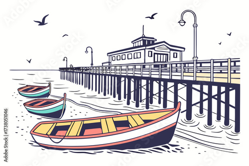 Seaside pier with colorful boats and seagulls ocean