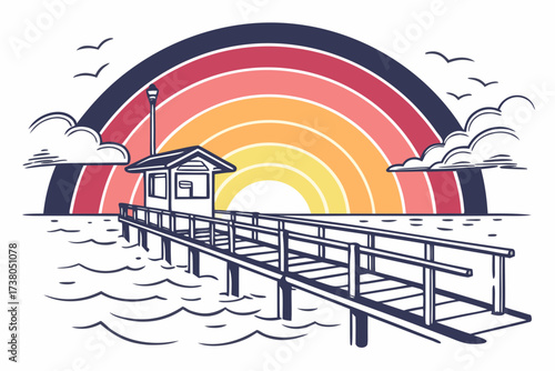 Seaside pier with rainbow sunset and lifeguard station