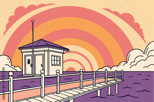 Seaside pier with rainbow sunset and guardhouse ocean