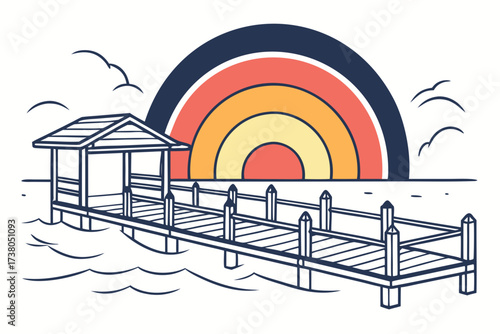 Seaside pier with rainbow sunset and clouds dock ocean