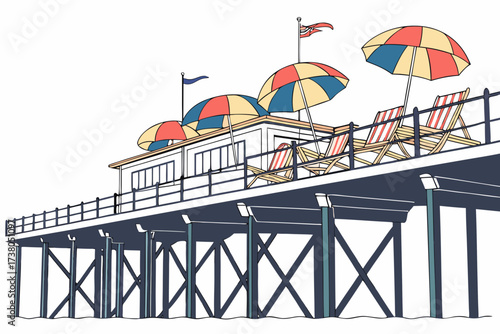 Seaside pier with colorful umbrellas and deck chairs
