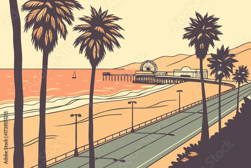 Ocean Avenue in Santa Monica, California, palm-fringed street overlooking sandy beach and pier