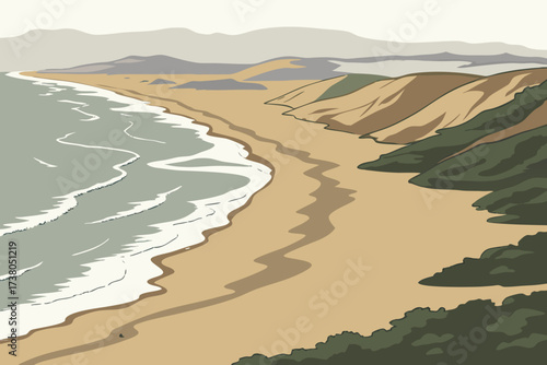 Ocean Beach in San Francisco, California, long sandy shoreline with misty surf and dunes