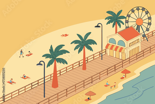 Ocean City Beach in Maryland, bustling sandy shoreline with wooden boardwalk and ferris wheel