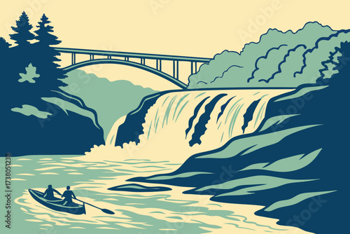 Ohiopyle Falls in Ohiopyle State Park, Pennsylvania, wide waterfall across the Youghiogheny River with kayakers