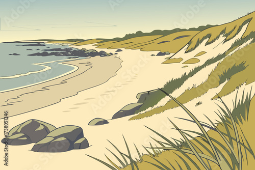Ogunquit Beach in Maine, sandy shoreline backed by grassy dunes and coastal rocks