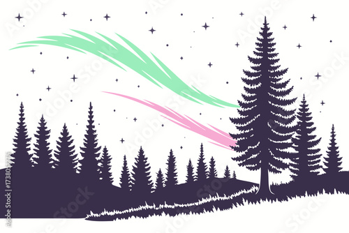 Silhouette pine trees under aurora borealis and starry sky