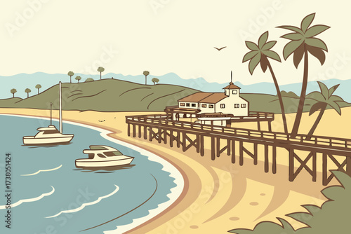 Newport Beach in California, sandy shoreline with fishing pier and harborside yachts