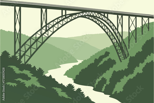 New River Gorge Bridge in West Virginia, soaring steel arch above deep gorge with river far below