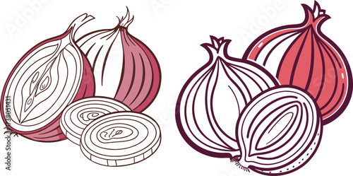 Organic Red Onion Whole and Cut Pieces Hand Drawn Vector Illustration