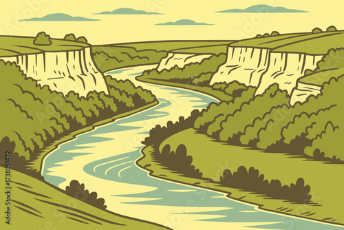 Niobrara River Valley Meadows in Nebraska, green fields along meandering river and limestone cliffs