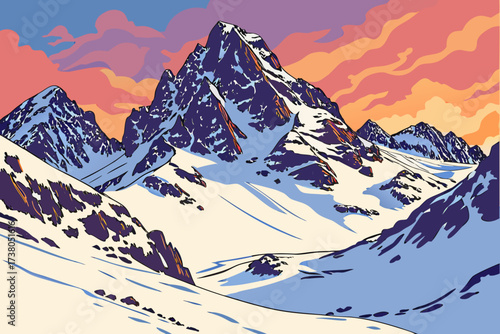 Snow covered mountain peaks at sunrise with colorful sky