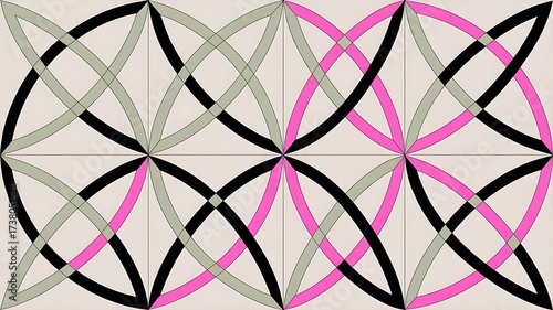 Intricate geometric pattern featuring intersecting circles and curves, creating a visually complex and aesthetically pleasing design on a neutral background