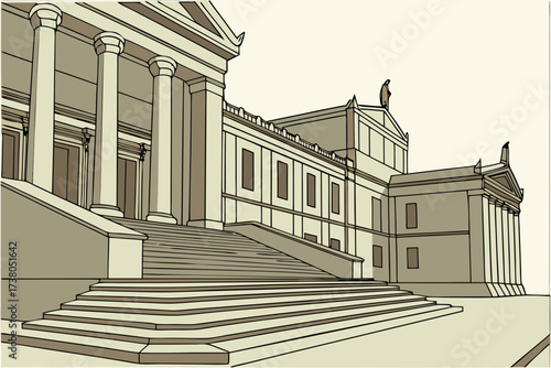 Museum of Fine Arts in Boston, Massachusetts, neoclassical façade with steps leading to bannered entrance