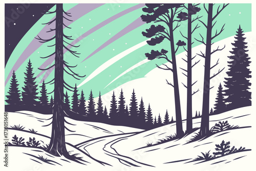 Snowy forest landscape with aurora borealis northern lights