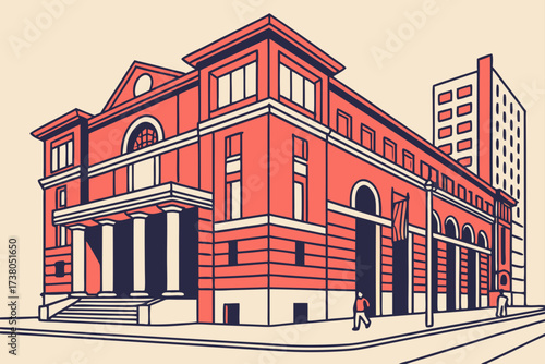Museum of Contemporary Art in Los Angeles, California, red-brick exterior with bold banners