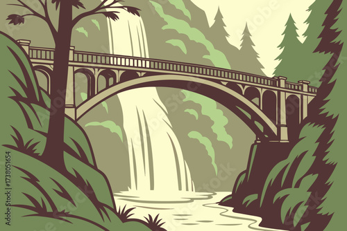 Multnomah Falls Bridge in Oregon, elegant stone pedestrian bridge spanning waterfall cascade amid lush forest