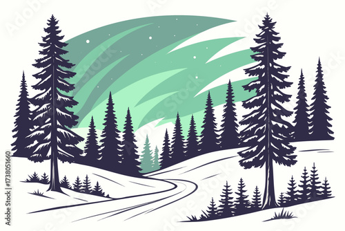 Snowy forest landscape with aurora borealis winter