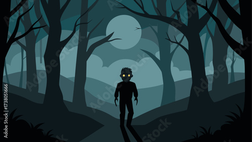 Silhouette figure in a dark forest scene