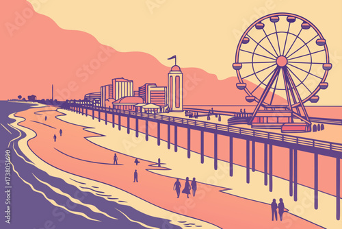 Myrtle Beach in South Carolina, bustling boardwalk with neon lights and ferris wheel by ocean