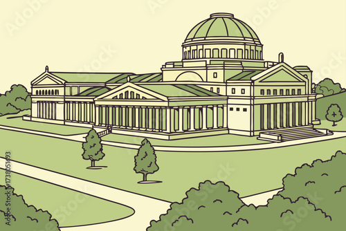 Museum of Science and Industry in Chicago, Illinois, sprawling neoclassical building surrounded by green parkland