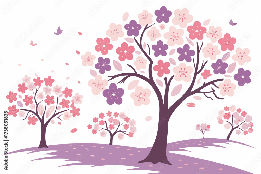 Fototapeta premium Spring orchard with blooming trees and falling petals